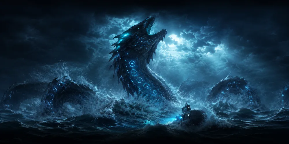 The Leviathan rises from a storm-torn ocean