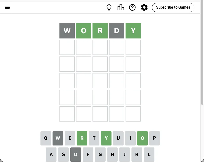 A real Wordle game showing the guess WORDY with O, R, and Y green and W, D grey