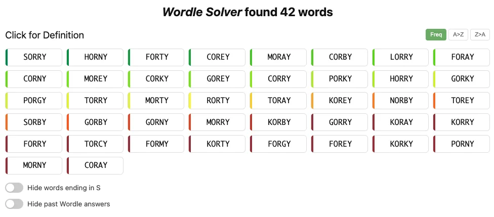 The Wordle solver returns 42 words matching the pattern, sorted by frequency