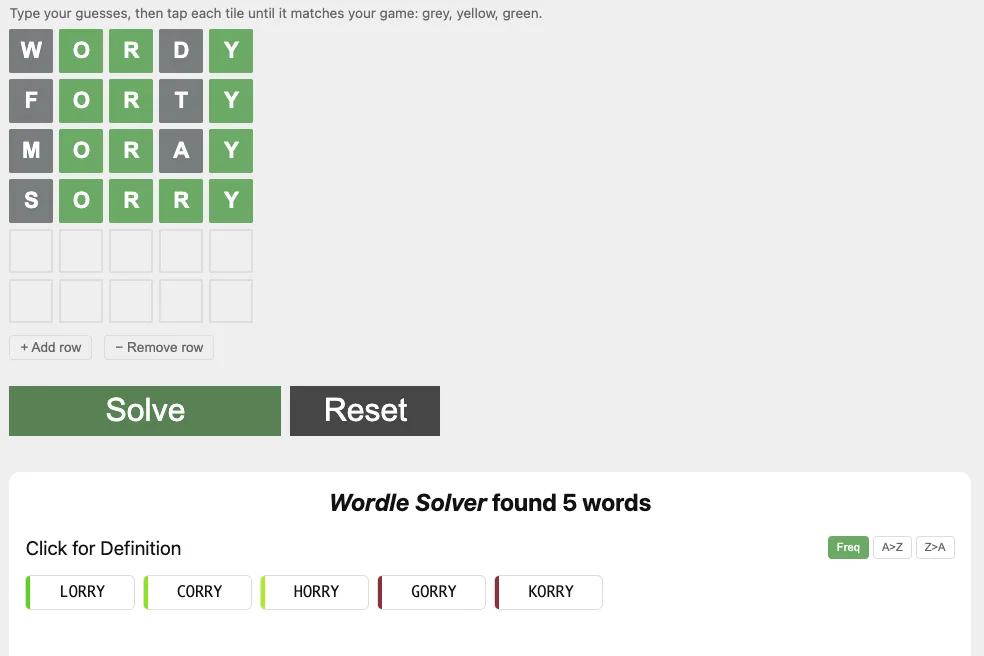 Four guesses on the board narrow the Wordle solver down to five words