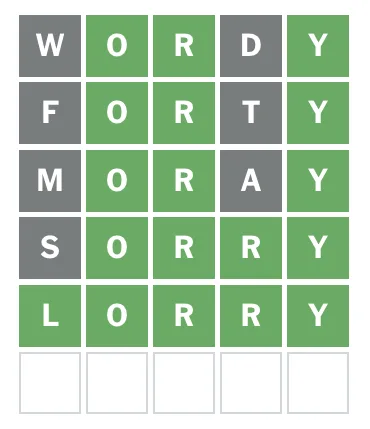The finished Wordle board spelling WORDY, FORTY, MORAY, SORRY, LORRY with LORRY all green
