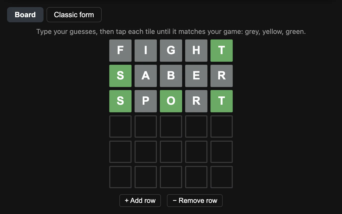 Board mode in dark mode on WordleSolver.pro