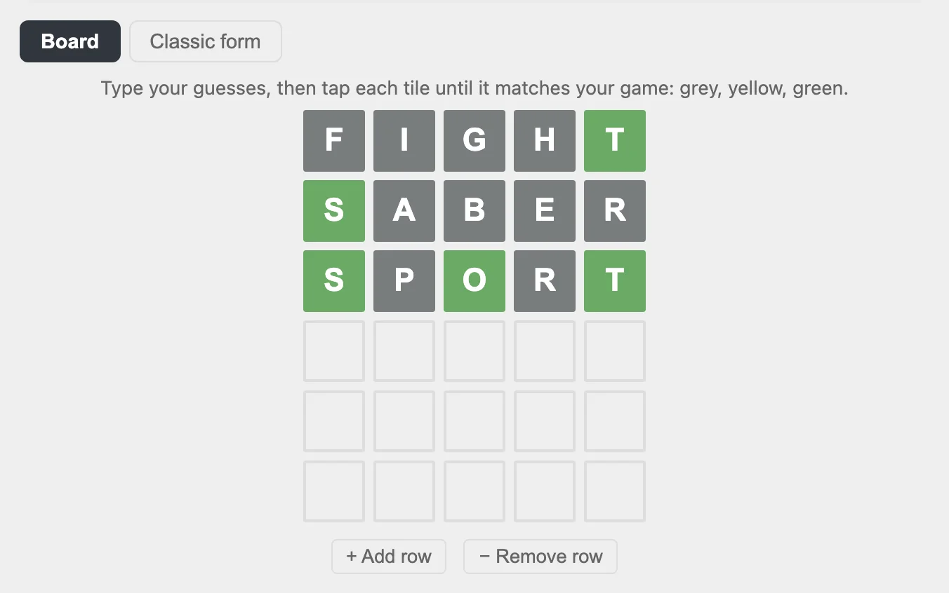 Board mode on WordleSolver.pro showing FIGHT, SABER, and SPORT colored to match a real game