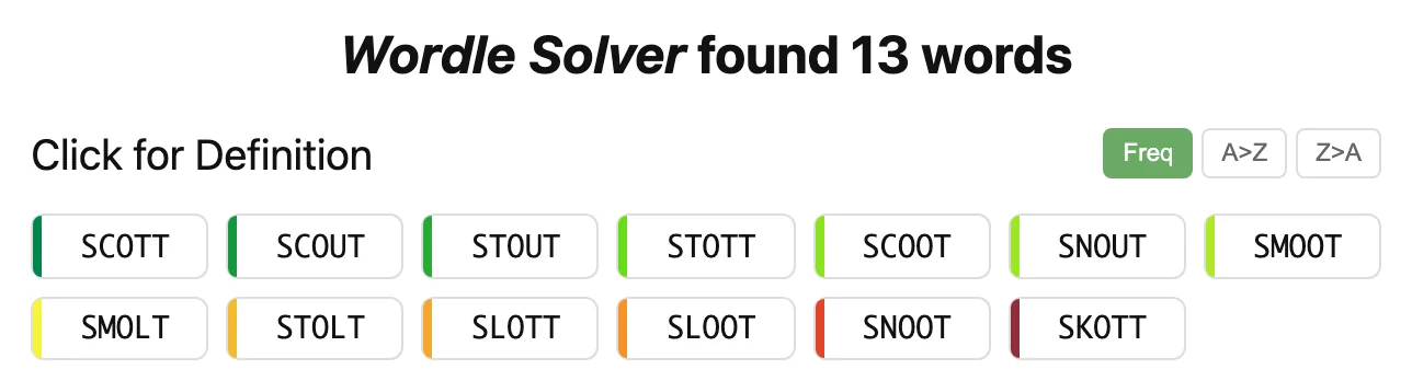 Wordle Solver found 13 words after reading the board, sorted by frequency